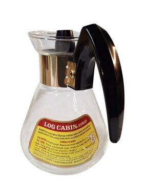 Log Cabin Syrup Glass Warmer With Black Handle & Gold Band Reusable Pancake Syru